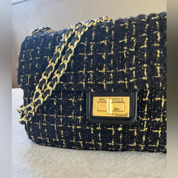 Karl Lagerfeld Paris AGYNESS Tweed Shoulder Bag in Black & Gold LH9HG446